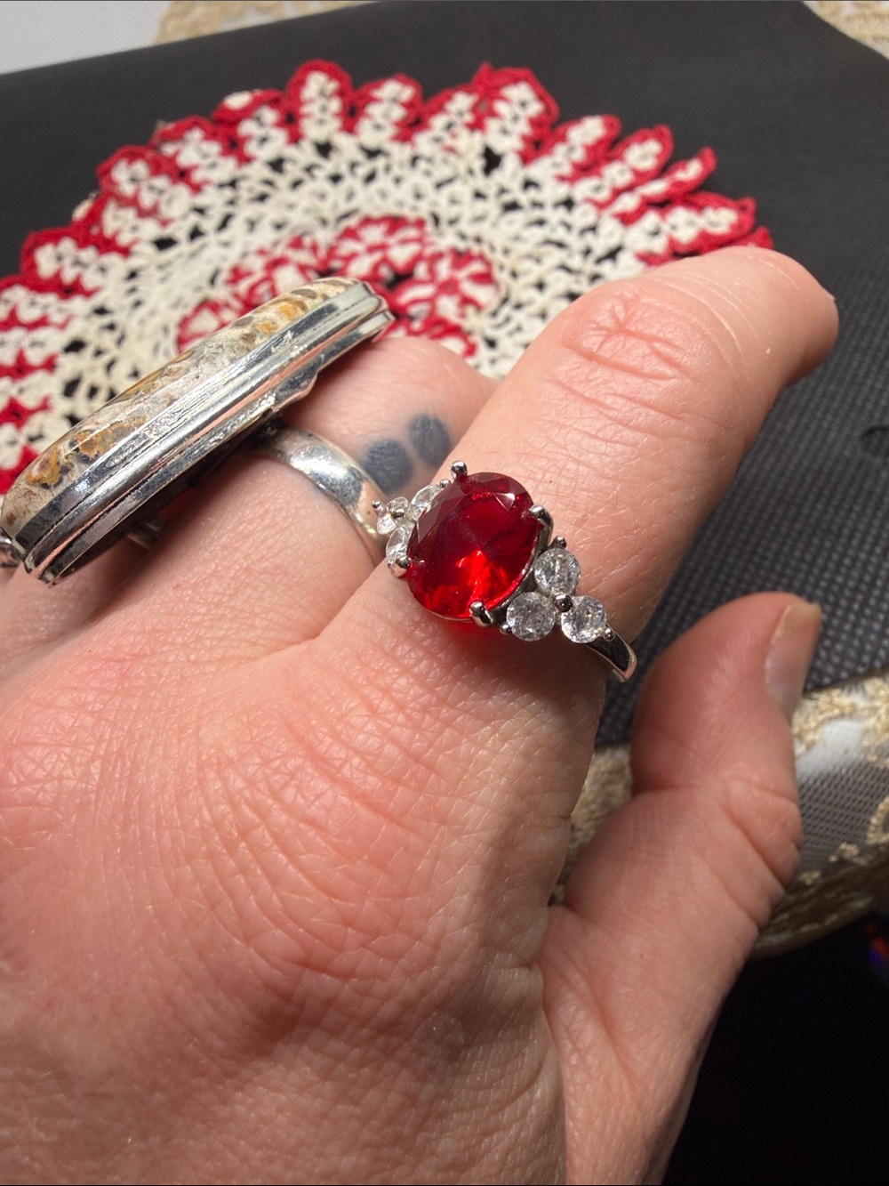 Vintage 925 Sterling Silver Created Ruby & CZ Ring | July Birthstone | Size 7.5